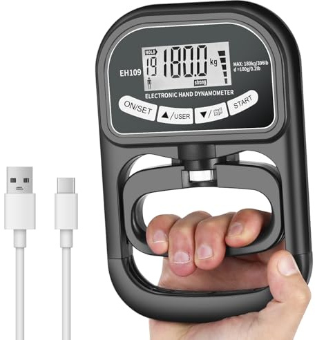 Vuxava Entraîneur de force de préhension de 180 kg,Dynamomètre à Main numérique,Dynamomètre électronique rechargeable avec affichage LED,Valeur de test précise au gramme près, poignée réglable, noir