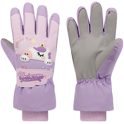 Jupsk Kids Winter Ski Gloves Waterproof Anti Slip Plush Thermal Snowboard Gloves Rainbow Unicorn Mittens for Children Girls Age 6-8 (Purple)