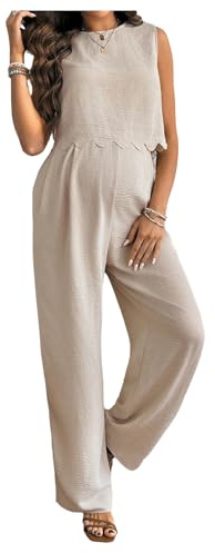 OYOANGLE Women's Two Piece Maternity Outfits Tie Back Sleeveless Tank Top with Pants Pregnancy Clothes Apricot Large