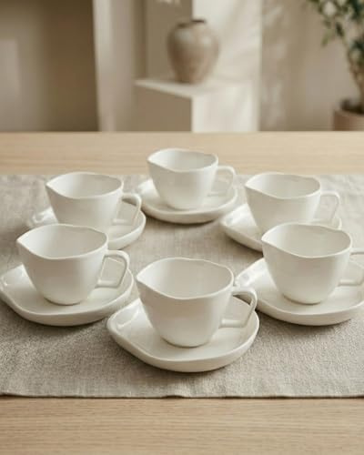 BAVARY Capital Tazzine Espresso con Piattino – Servizio Porcellana 12 Pezzi, 6 Persone – 120 ml – Design ondulato moderno – Manico squadrato – Moka, Demitasse, Caffè turco – Bianco – Lavastoviglie
