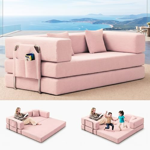 Compact Sofa Small Unit Corduroy Three Person Sofa Bed, Multifunctional Living Room Sofa, Suitable for Apartment Rooms, Modern and Simple Grid (Pink, 200CM)