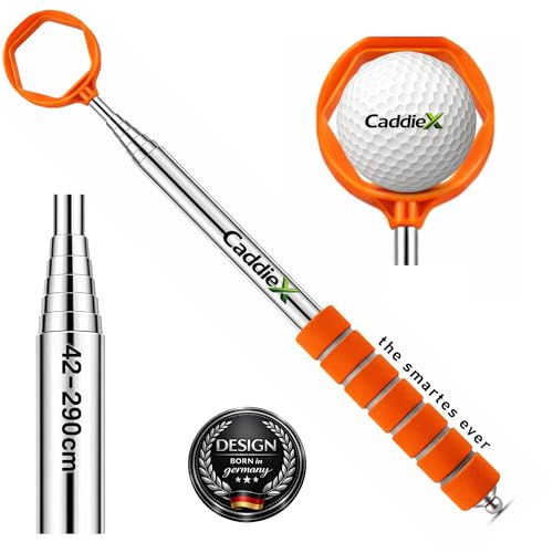 CaddieX Golf Ball Fiskespöke rostfritt stål – 9-vägs teleskop upp till 2,90 m – kompakt 42 cm – ergonomiskt mjukt grepp – säkert greppsystem med 6 kanter – golfboll retriever golfboll i 5 färger