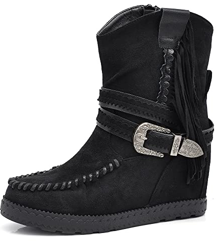 IF Fashion Scarpe Stivali Stivaletti Indianini da Donna Zeppa Interna Frange Fibbia 1926 Nero N.38