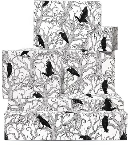Papier cadeau pour homme - 6 feuilles de papier cadeau avec étiquettes - Corbeaux - Papier cadeau noir et blanc pour femme - Pour adulte, elle - Livré avec des autocollant - Recyclable - Central 23