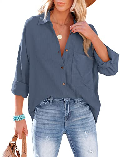 NONSAR - Camicetta da Donna Casual, Camicia con Scollo a V, 100% Cotone, vestibilità Ampia, Tessuto Spesso in Tinta Unita, Top Elegante con Tasca (IT, Testo, XXL, Regular, Regular, Grigio Scuro)