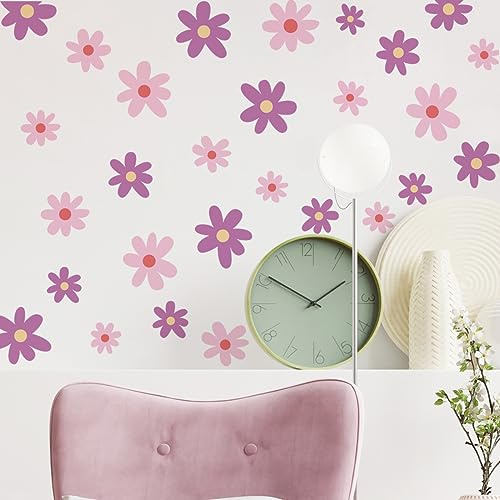 Runtoo rosa lila tusensköna blomma väggkonst klistermärken boho blommor väggdekaler för barnkammare, vardagsrum, flicksovrum