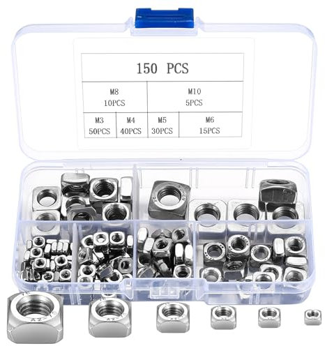 Ensemble de 150 écrous de serrage carrés en acier inoxydable, filetage carré, encastrés pour meubles en bois (M3-M10, Argent)
