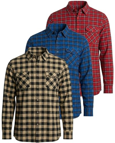 Real Essentials 3 Pack: Men's Long-Sleeve Flannel Button Down Plaid Casual Shirt (Available in Big & Tall)- Set 4, XL