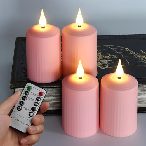 FREEPOWER Lot de 4 bougies piliers LED roses Fonction minuteur Pour l'extérieur Fonctionne avec piles Blanc chaud Sans flamme Décoration de couronne de l'Avent