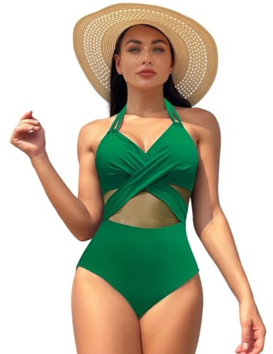 2024 Nuevo bañador para Mujer Traje de baño de una Pieza con Chiffon Medio Transparente Bordado en el Medio Bikini para veraneo (FR/ES, Letras, S, Regular, Regular, Verde)