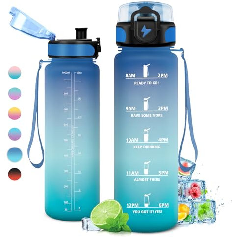 Gourde 1L, Gourde Sport, Étanche et Réutilisable, Bouteille d'eau 1 Litre avec Marqueur de Temps et Filtre, Bouteille pour Adulte, l'école, Cyclisme, Voyage, Camping, Fitness, Yoga, Bureau, Gym
