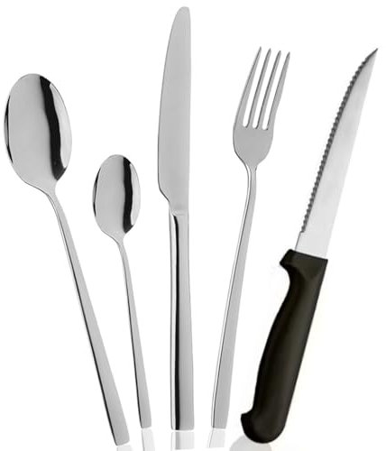 Paluplus Set 60 Posate in Acciaio Inox, Servizio per 12 Persone, set composto da cucchiaio, forchetta, coltello, cucchiaino e coltello da bistecca con Punta, Lavabili in Lavastoviglie Made Italy -997