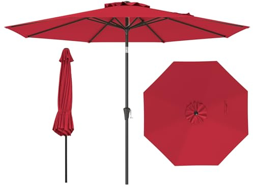 COSTWAY Sonnenschirm 300 cm, Gartenschirm mit Kurbel, beidseitig um 25° knickbar, Terrassenschirm mit 8 Rippen, Marktschirm für Garten, Terrasse, Balkon (Rot)