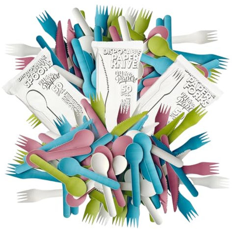 Cubiertos Desechables de Papel Rosa 150 Piezas (50 Tenedores, 50 Cuchillos, 50 Cucharas) | Resistentes, Compostables y Biodegradables | Pack Grande para Fiestas, Eventos y Catering | VP VIVA PAPER
