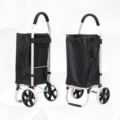 43.5Liter Aluminium Trolley Einkaufstrolley Klappbar, Shopping Trolley, Wasserabweisender Einkaufswagen Faltbar, Einkaufstasche mit 2 Rädern, Einkaufskorb mit Rollen, Groß - Schwarz