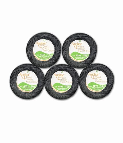 Anchor Pearl Cotton Crochet Embroidery Thread Balls Pack of 5 Size No.8 Thread 85 Meters Each UK (Black)