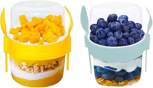 Pro Home Muesli Pots 500ml With Spoon & Lid Reusable BPA-Free Cereal Cup On The Go Breakfast Pots Yoghurt And Granola Container Oatmeal Jars (Set Of Grey & Yellow)