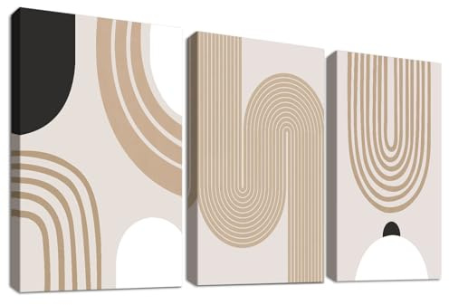 3 Pcs Wooden Framed Canvas Wall Art Canvas Prints Boho Minimalist Abstract Painting Caramel Beige Mid Century Geometric Pictures for Living Room Bedroom Bathroom Hallway Home Wall Decor 50x70 cm x3pcs