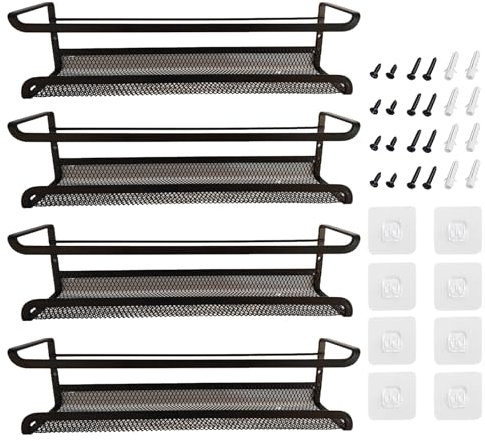 Manfâ Gewürzregal 4er Set Schwarz - Metall Spice Rack mit Netz-Einsatz - Ohne Bohren (Klebepad & Schrauben) - Für Küche, Schranktür, Bad - 29x7x7cm - Rostfrei & Stylisch