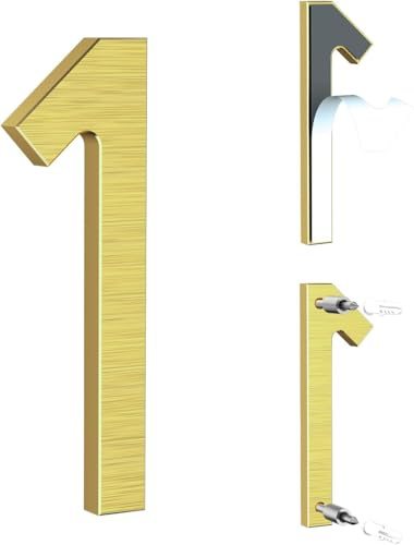 Yafimea Número de casa exterior dorado 12,5 cm – En aluminio macizo con acabado cepillado, adhesivo o con tornillos, resistente al clima – Para puerta, pared, valla, garaje (1)