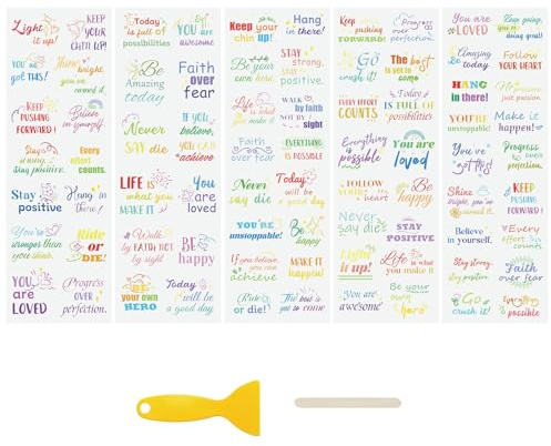 WANDIC 5 Sheets Rub On Transfer Stickers, Colorful Encouragement Words Decals Furniture Craft Decorative for DIY Scrapbooking Photo Albums,10 * 30cm