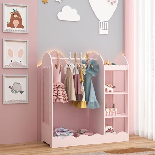 [en.casa] Guardaroba per Cameretta Armadio 100x94x38 cm con Specchio Vano Asta Barra Appendiabiti e 3 Ripiani Scomparti Aperti Organizzatore a Misura di Bambini - Rosa