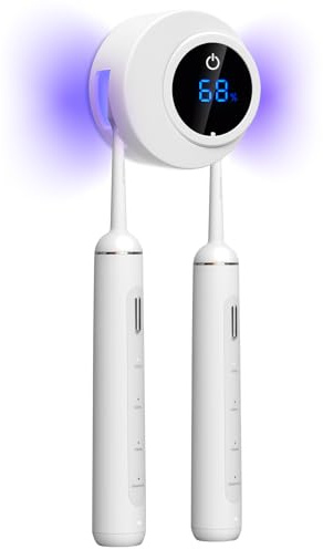Sockywin Soporte UV para cepillos de dientes con función de esterilización para montaje en pared - 6H de desinfección automática, cobertura UVC de 180°, instalación sin perforaciones, 2 compartimentos