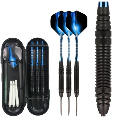 Collenatsy Ensemble de fléchettes en tungstène, 3 fléchettes en acier, fléchettes avec pointe en métal, tiges en aluminium, étui, ailettes, set de fléchettes en acier avec accessoires (Bleu)