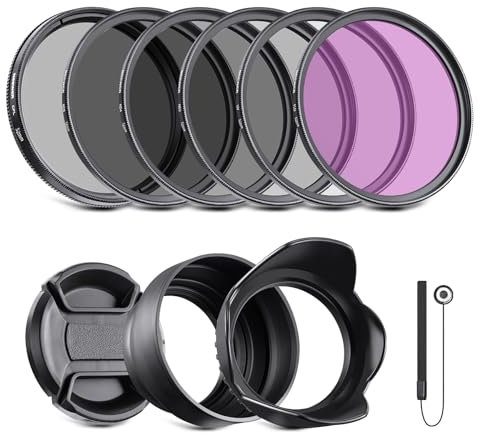 NEEWER 52mm ND2 ND4 ND8 UV CPL FLD Filter and Lens Accessories Kit with Snap on Lens Cap, Tulip Shaped Lens Hood, Collapsible Rubber Lens Hood, Filter Pouch, Safety Tether and Cleaning Cloth