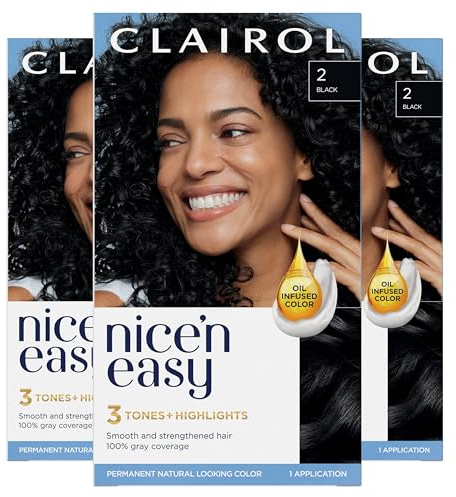 Clairol Nice'n Easy Permanent Hair Dye, 2 Black Hair Color, Pack of 3 - Packaging May Vary