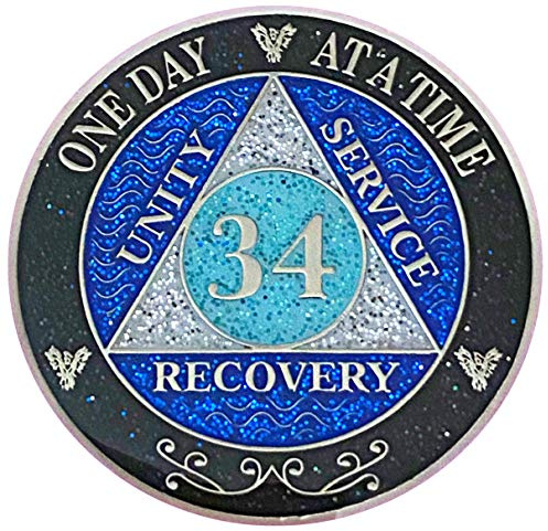 (Years 1-50) 34 Year AA Recovery Silver Color Plated Glitter Medallion, Black Rainbow, Blue, Silver Glitter Coin, Epoxy Covered (AA 34 Year Glitter Medallion)