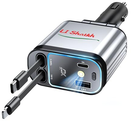 Car Retractable Charger - 84W 4-in-1 Fast Charging, Dual 31.49IN Retractable Cables & USB-C/USB-A Ports, Perfect for iPhone & Samsung Phones, with Unique Red Starry Sky Atmosphere Light(Silver)