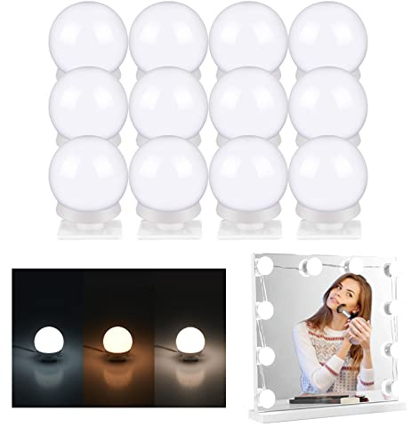 LED Miroir Coiffeuse Lumiere Hollywood: 12 Lampes LED Lumiere Éclairage Maquillage, 3 Couleurs et 12 Ampoules Miroir Rechargeables USB Intensité Variable Coiffeuse Salle de Bain Miroir Cosmétique