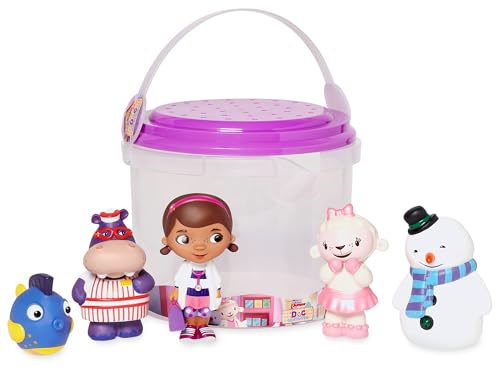 Disney Store Official Bath Toy Set for Kids, Doc McStuffins, 5 Pc., Playset Includes Bucket with Straining Lid and Five Figures, Suitable for Ages 6 Months+