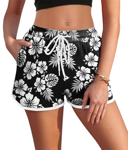 AI'MAGE Costume da Bagno Corto da Donna Estivo Asciugatura Rapida da Spiaggia per Sport Acquatici con Tasca Ed Elastico Bikini con Stampa, Nero + Bianco