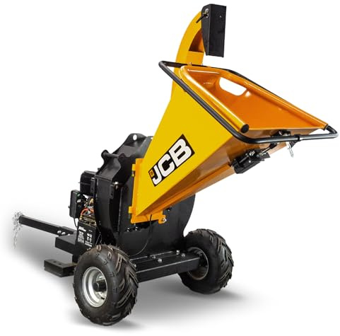 JCB 15hp 457cc Heavy-Duty 4-Stroke Petrol Wood Chipper – 120mm (4.7”) Capacity, Electric Start, Large Wheels & Towing Handle for Logs and Branches