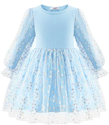 Arshiner Niñas Vestidos Tul Vestido de Manga Larga Niños Elegante Mangas Farol A-Line Vestido de Fiesta Casual Festiva Moda Otoño Invierno Vestido para Niñas 2-3 Años Azul Claro