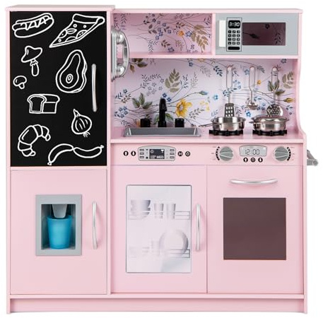 DREAMADE Cuisine Enfant en Bois, Cuisine de Jeu avec Tableau Noir, Téléphone, Cuisinières, Lave-Vaisselle, Machine à Glaçons et Four, Cuisine Jouet avec Sons Réels pour Garçons & Filles (Rose Pâle)