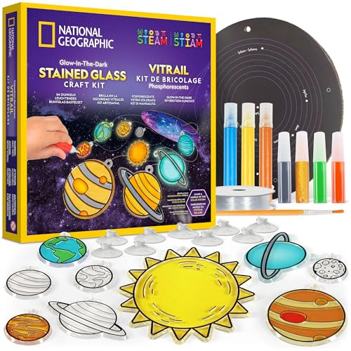 Blue Marble National Geographic Kids Window Art Kit - Stained Glass Solar System Arts & Crafts Kit with Glow in the Dark Planets, Suncatchers, Space Room Décor