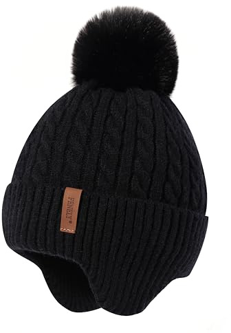 FENELY Girls Boys Winter Hat for 3-12 Years, Children's Warm Knitted Earflaps Beanie with Pom Pom Thicken Fleece Lining Cap for Kids Black