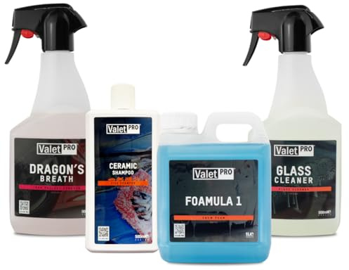 ValetPRO Ceramic Protection Car Care selection – 4 x Premium Cleaners | Foamula 1 Snow Foam, Ceramic Car Shampoo, Dragon’s Breath Iron & Wheel Cleaner, & Glass Cleaner | Prewash, Decon & Protection