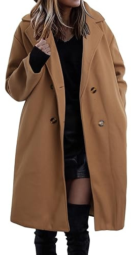 Generisch Abrigo de invierno para mujer, cuello en V, solapa largo, térmico, grueso, abrigo de lana para otoño e invierno, abrigo de entretiempo, elegante, estilo Hepburn, manga larga con bolsillos, O
