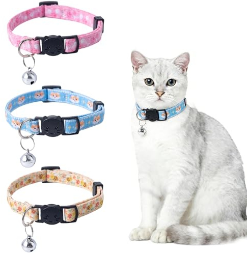 SLSON 3 Stück Katzenhalsband mit Glöckchen und Sicherheitsverschluss,Einstellbar Halsband Katze 21-31cm,Katzen Halsbänder DREI Verschiedene niedliche Muster: Biene,Kätzchen, Fisch