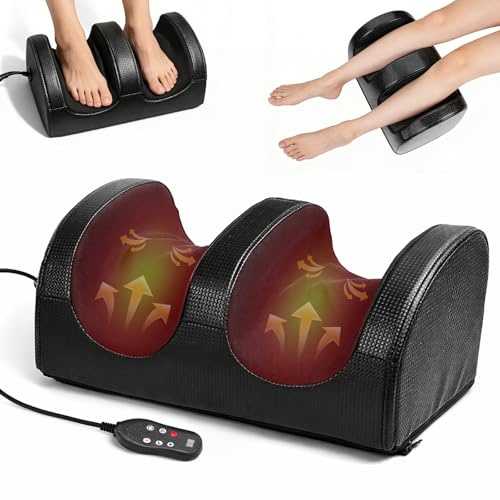 Foot Massager with Heating Function, Foot and Calf Massager with Massage Roller, Relaxes Leg Muscles, Deep Tissue Massager, Open Design for Breathable & Clean, Remote Control, for Home or Office