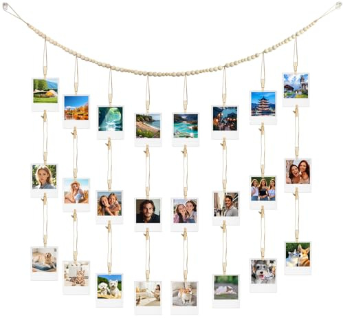 yeloumiss Hanging Photo Display with 28 Clips and Boho Wooden Beads