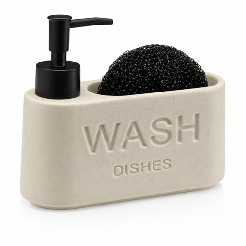 Dispensador de jabón de cocina con soporte para esponja, dispensador de detergente para platos con esponja, de cerámica efecto piedra, diseño moderno para fregadero de cocina y baño (beige efecto