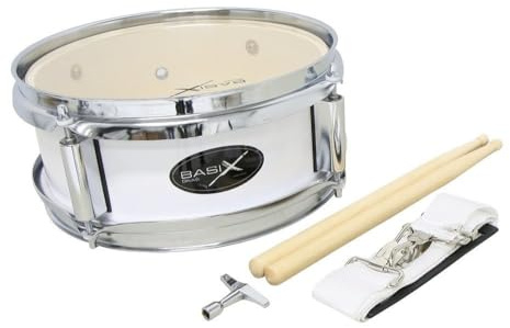 GEWA Junior Marching Drum, Marschtrommel 10 x 4, Holzkessel weiß, inkl. Trageriemen und Trommelstöcke