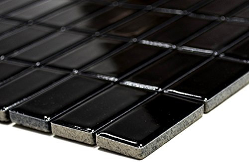 Piastrelle a mosaico, a tinta unita, nero lucido, in ceramica, mosaico, formato: 23,2 x 48 x 6 mm, dimensioni foglio: 300 x 300 mm, 1 foglio