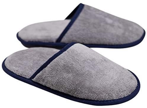 Sowel® Velour Frottee Slipper ohne Silikonnoppen, Hotelslipper, Hausschuhe, 100% Bio-Baumwolle, Damen und Herren, One Size, Geschlossen, Grau/Navy