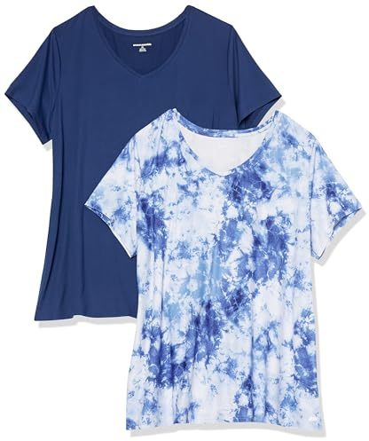 Amazon Essentials T-Shirt Tecnica Scollo V Elasticizzata Asciugatura Rapida (Anche in Taglie Forti) Donna, Pacco da 2, Bianco Tie & Dye/Blu Marino, L